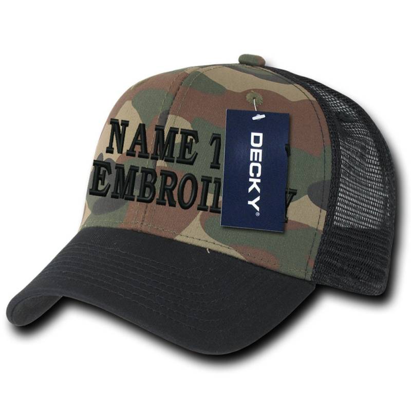 Benutzerdefinierte Stickerei Trucker Mütze Personalisiert Text Name Bestickt Mesh Baseball Snapback Cap 1053 1054 - Woodland Camo Schwarz Visier von Caprobot