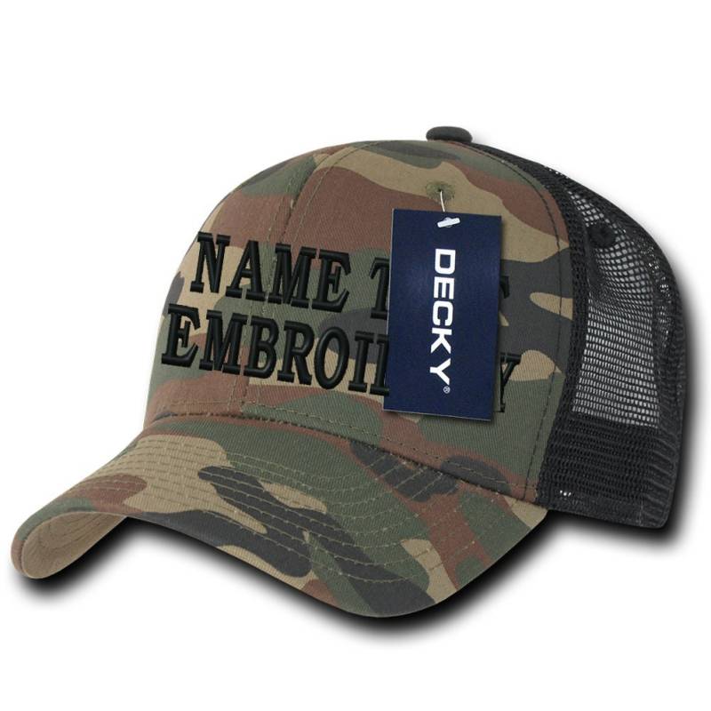 Benutzerdefinierte Stickerei Trucker Mütze Personalisiert Text Name Bestickt Mesh Baseball Snapback Cap 1053 1054 - Woodland Camo Schwarz von Caprobot