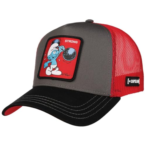 Capslab The Smurfs Strong Trucker Cap Basecap Baseballcap Truckercap Meshcap Damen/Herren - Snapback, mit Schirm, Schirm Frühling-Sommer Herbst-Winter Frühjahr Sommer Herbst Winter - One Size rot von Capslab
