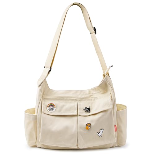 Captain Blues Canvas Messenger Bag Umhängetasche Crossbody Schulter Tote Hobo Bag für Frauen und Männer - Große Tasche mit mehreren Fächern (Beige) von Captain Blues
