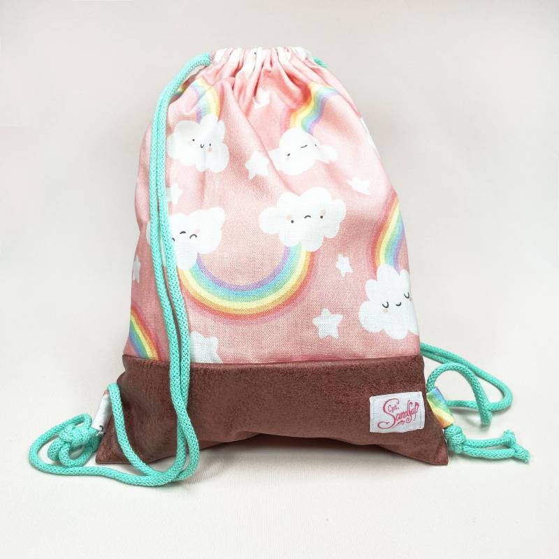 Turnbeutel Für Kinder | Stoffmix Halbpanama Und Velours Rosa Regenbogen Regenbögen Sportbeutel Gymbag Gymbeutel Rucksack Tasche von CaptainSandfuss