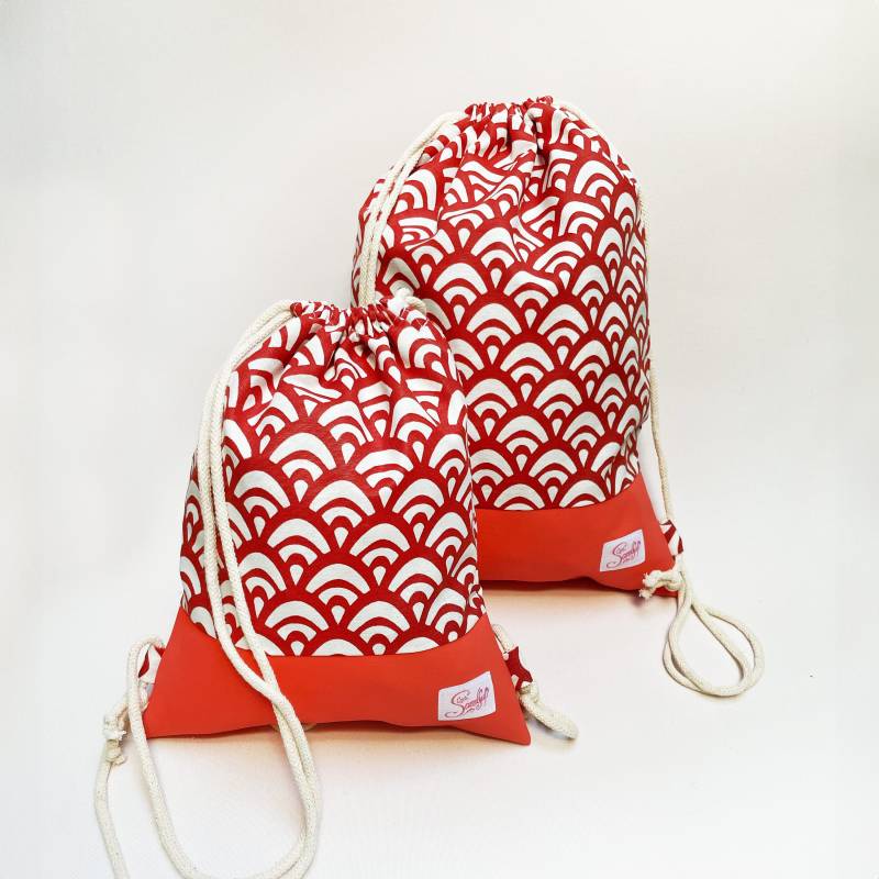 Turnbeutel Gymbag Tasche Für Groß & Klein | Mini Me Vintage Retro Wellen Muster Rot Natur Stoffmix Sportbeutel Gymbeutel Rucksack von CaptainSandfuss