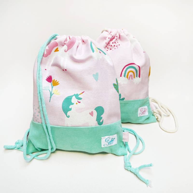 Turnbeutel Tasche Für Kinder in Rosa Und Mint | Gymbag For Kids Einhorn Einhörner & Regenbogen Stoffmix Sportbeutel Gymbeutel Rucksack von CaptainSandfuss