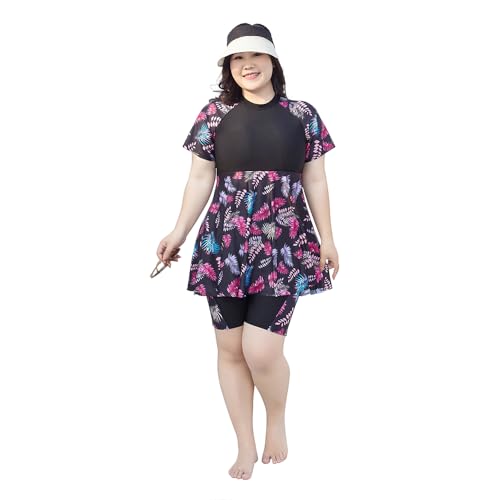 CaptainSwim Frauen Muslim Badeanzug Plus Größe 2-teilig Bedruckte Modesty Slim Badebekleidung Fünfspitzige Hose (DE/NL/SE/PL, Alphanumerisch, 9XL, Große Größen, Regular, Standard, Schwarz) von CaptainSwim