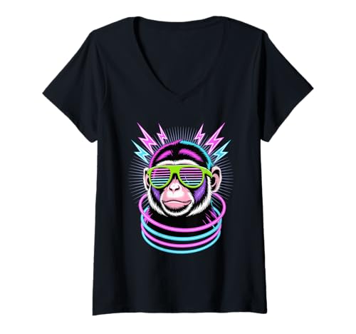Damen Party Kapuzineraffe Sonnenbrille Affen T-Shirt mit V-Ausschnitt Damen Party Kapuzineraffe Sonnenbrille Affen T-Shirt mit V-Ausschnitt von Capuchin Monkey Lover Gifts