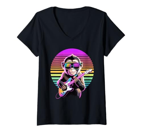 Damen Retro Kapuzineraffe Gitarrist Affen Gitarre T-Shirt mit V-Ausschnitt Damen Retro Kapuzineraffe Gitarrist Affen Gitarre T-Shirt mit V-Ausschnitt von Capuchin Monkey Lover Gifts