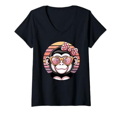 Damen Retro Kapuzineraffe Sonnenbrille Affen T-Shirt mit V-Ausschnitt Damen Retro Kapuzineraffe Sonnenbrille Affen T-Shirt mit V-Ausschnitt von Capuchin Monkey Lover Gifts