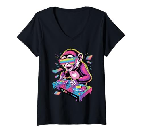 Damen Synthwave Kapuzineraffe DJ Sonnenbrille T-Shirt mit V-Ausschnitt Damen Synthwave Kapuzineraffe DJ Sonnenbrille T-Shirt mit V-Ausschnitt von Capuchin Monkey Lover Gifts