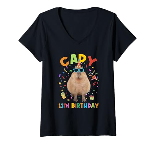 Damen Capy zum 11. Geburtstag Lustiges Capybara-Geburtstagstier für Jungen und Mädchen T-Shirt mit V-Ausschnitt von Capy Birthday Funny Capybara Animals Boys Girls