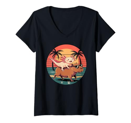 Damen Lustige Capybara und Axolotls Vintage Retro Sonnenuntergang Grafik T-Shirt mit V-Ausschnitt von Capy Meme Cartoon Animal For Capybara Lovers