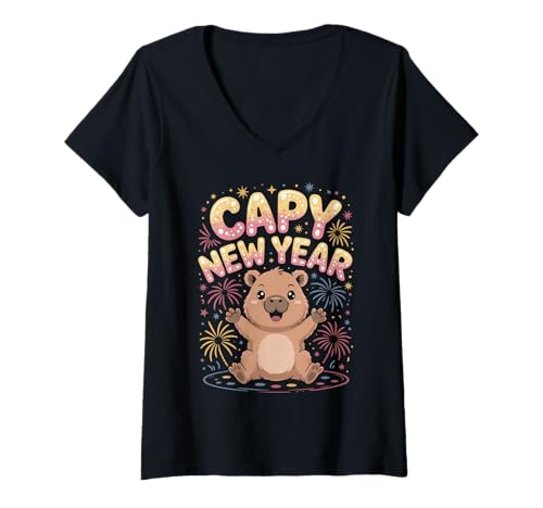 Damen Capy New Year Funny Capybara Konfetti Feuerwerk Eve Party T-Shirt mit V-Ausschnitt Damen Capy New Year Funny Capybara Konfetti Feuerwerk Eve Party T-Shirt mit V-Ausschnitt von Capy New Year Funny Capybara Eve Party