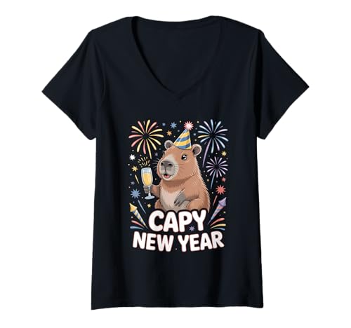 Damen Capy New Year – Capybara Party für Silvester T-Shirt mit V-Ausschnitt Damen Capy New Year – Capybara Party für Silvester T-Shirt mit V-Ausschnitt von Capy Party Collective - Happy New Year