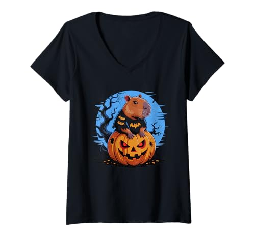 Damen Funny Halloween Capybara Pumpkin Fall Season T-Shirt mit V-Ausschnitt Damen Funny Halloween Capybara Pumpkin Fall Season T-Shirt mit V-Ausschnitt von Capy Pumpkin