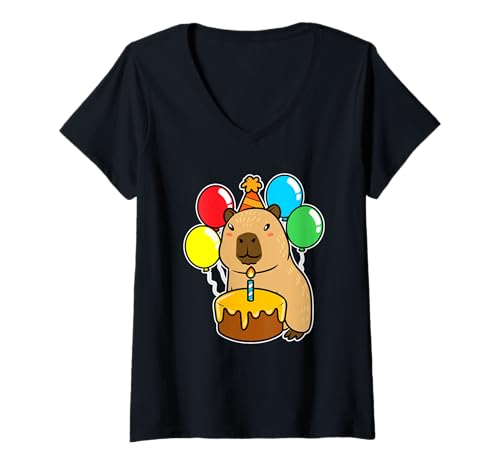 Damen Capybara Geburtstagsparty Niedliche Luftballons Kuchen Spaß T-Shirt mit V-Ausschnitt Damen Capybara Geburtstagsparty Niedliche Luftballons Kuchen Spaß T-Shirt mit V-Ausschnitt von CapyCelebrates