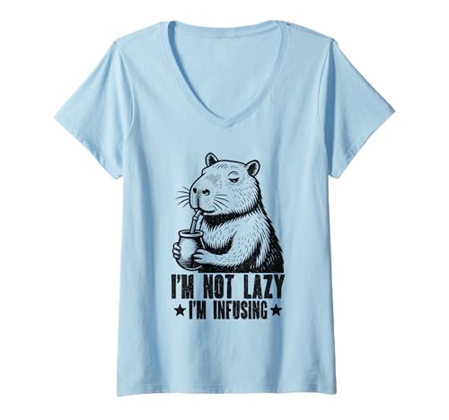Damen Lustiger Yerba Mate Capybara Entspannend T-Shirt mit V-Ausschnitt von CapyChill Culture Co. – Yerba Mate Slow Vibe Tees