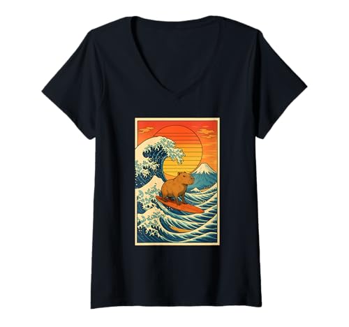 Damen Surfing Capybara, Retro Vintage Japanisches Anime Kawaii T-Shirt mit V-Ausschnitt Damen Surfing Capybara, Retro Vintage Japanisches Anime Kawaii T-Shirt mit V-Ausschnitt von Capybara, Surfen, Great Wave, Japanische Ästhetik