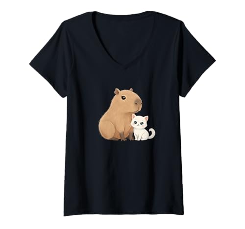 Damen Capybara und Katze Freundschaft niedliche Tierliebe Illustration T-Shirt mit V-Ausschnitt Damen Capybara und Katze Freundschaft niedliche Tierliebe Illustration T-Shirt mit V-Ausschnitt von Capybara, cat, friendship animals