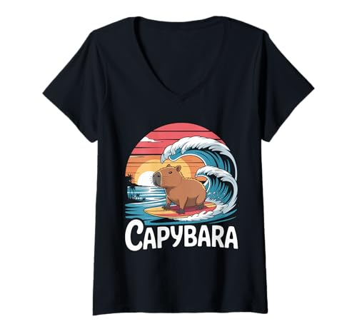 Damen Capybara Surfin' Abenteuer Am Meer Wellen T-Shirt mit V-Ausschnitt Damen Capybara Surfin' Abenteuer Am Meer Wellen T-Shirt mit V-Ausschnitt von Capybara Abenteuer Surfen Küste Natur