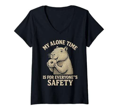 Damen My Alone Time is for Everyones Safety Capybara T-Shirt mit V-Ausschnitt Damen My Alone Time is for Everyones Safety Capybara T-Shirt mit V-Ausschnitt von Capybara Alone Time Introvert Humor Donut