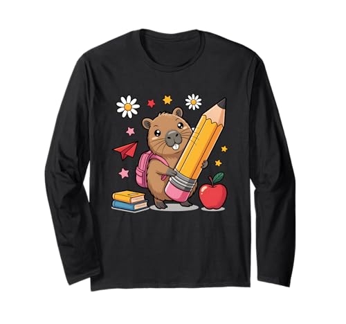 Cute Capybara Backpack Pencil Books Kids Back to School Langarmshirt Cute Capybara Backpack Pencil Books Kids Back to School Langarmshirt von Capybara Animal Back To School Tee