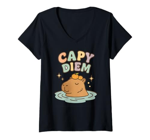 Damen Capy Diem Capybara T-Shirt mit V-Ausschnitt Damen Capy Diem Capybara T-Shirt mit V-Ausschnitt von Capybara Animal Lover Design Co.