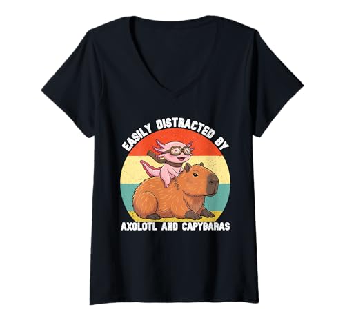 Damen Leicht abgelenkt von Axolotl und Capybaras für Kinder und Jungen T-Shirt mit V-Ausschnitt von Capybara Axolotl Lover for Girls Boys Men Kids