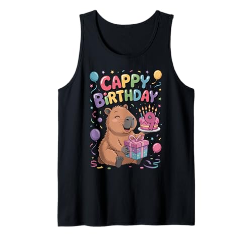 Cappy 9. Geburtstag Capybara Liebhaber süße Party Mädchen Tank Top von Capybara Birthday Party for Boys Girls Cool Tee