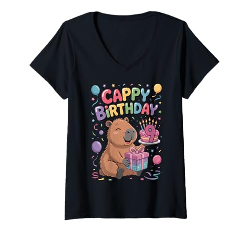 Damen Cappy 9. Geburtstag Capybara Liebhaber süße Party Mädchen T-Shirt mit V-Ausschnitt von Capybara Birthday Party for Boys Girls Cool Tee