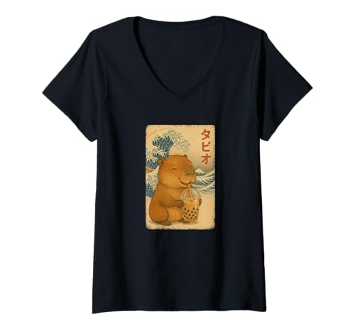 Damen Capybara drinkt Bubble Tea Japanisches Vintage T-Shirt mit V-Ausschnitt von Capybara Bubble Tea Retro Kawaii Shop