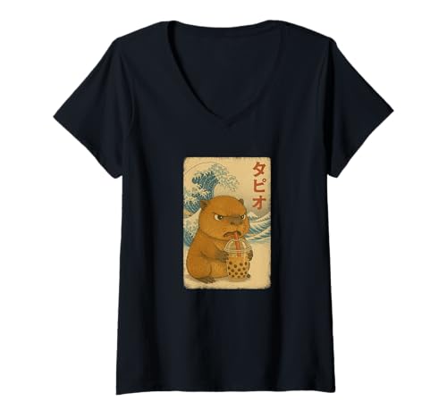 Damen Capybara drinkt Bubble Tea Japanisches Vintage T-Shirt mit V-Ausschnitt von Capybara Bubble Tea Retro Kawaii Shop