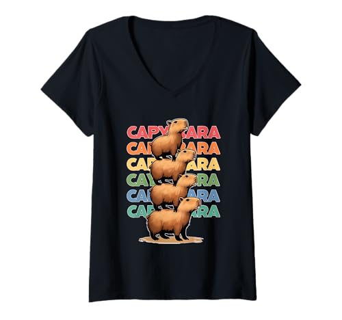 Damen Niedliche Capybara gestapelte Design-Grafik T-Shirt mit V-Ausschnitt Damen Niedliche Capybara gestapelte Design-Grafik T-Shirt mit V-Ausschnitt von Capybara Capy Life Apparel