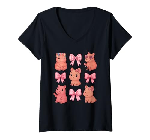 Damen Süße kokette Schleife Capybara Pyjama Pjs Kleidung Mädchen Damen T-Shirt mit V-Ausschnitt von Capybara Christmas Gifts Tee Graphic Tees Girls