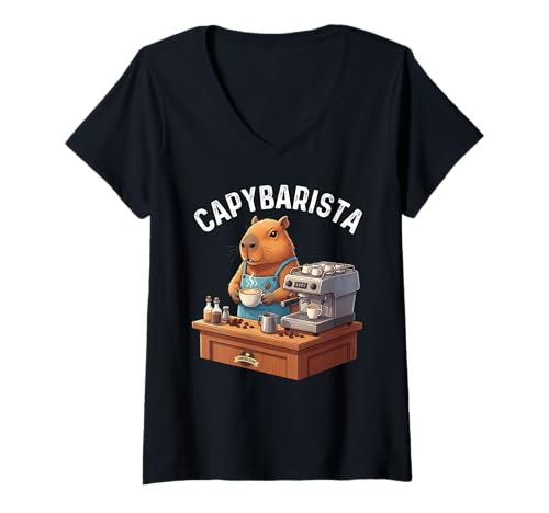 Damen Lustige Capybarista Coffee Lover Capybara Wortspiel Grafik T-Shirt mit V-Ausschnitt Damen Lustige Capybarista Coffee Lover Capybara Wortspiel Grafik T-Shirt mit V-Ausschnitt von Capybara Coffee Tees Co.