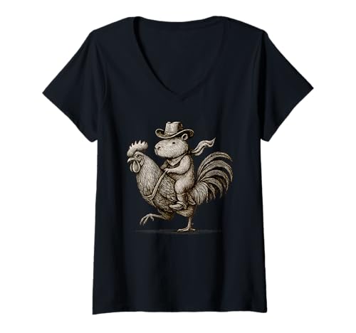 Damen Lustige Capybara mit Cowboyhut und Stiefeln, reitender Hahn T-Shirt mit V-Ausschnitt Damen Lustige Capybara mit Cowboyhut und Stiefeln, reitender Hahn T-Shirt mit V-Ausschnitt von Capybara Cowgirl & Cowboy Designs Ranch Life