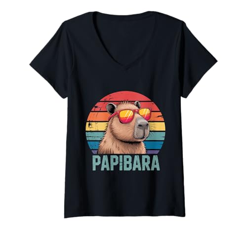 Damen Papibara Funny Cool Dad Capybara Retro Sunset T-Shirt mit V-Ausschnitt Damen Papibara Funny Cool Dad Capybara Retro Sunset T-Shirt mit V-Ausschnitt von Capybara Dad Animal Pun Humor Retro Gift