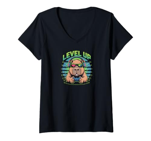 Damen Capybara Gamer Video Game Pet Pig Rat Wasserschwein T-Shirt mit V-Ausschnitt Damen Capybara Gamer Video Game Pet Pig Rat Wasserschwein T-Shirt mit V-Ausschnitt von Capybara Design DearPrint