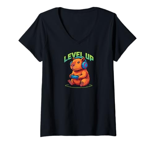Damen Capybara Gamer Video Game Pet Pig Rat Wasserschwein T-Shirt mit V-Ausschnitt Damen Capybara Gamer Video Game Pet Pig Rat Wasserschwein T-Shirt mit V-Ausschnitt von Capybara Design DearPrint