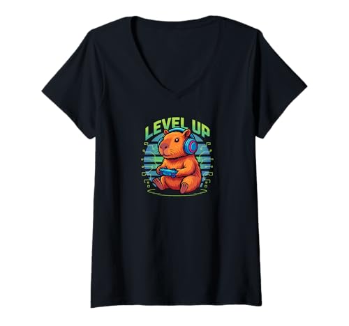 Damen Capybara Gamer Video Game Pet Pig Rat Wasserschwein T-Shirt mit V-Ausschnitt Damen Capybara Gamer Video Game Pet Pig Rat Wasserschwein T-Shirt mit V-Ausschnitt von Capybara Design DearPrint