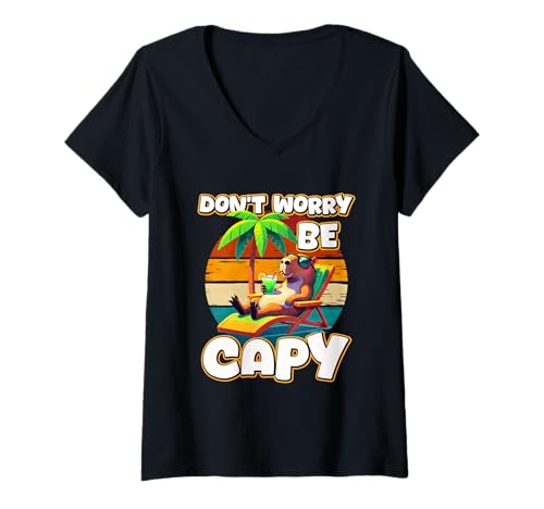 Damen Don't Worry Be Capy T-Shirt mit V-Ausschnitt Damen Don't Worry Be Capy T-Shirt mit V-Ausschnitt von Capybara Design