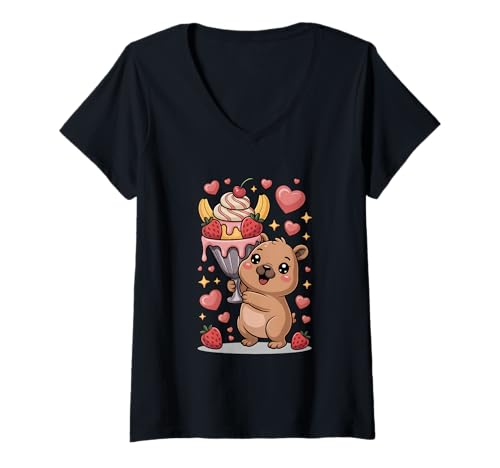 Damen Capybara – Süßes Motiv mit Eisbecher T-Shirt mit V-Ausschnitt von Capybara Designs mit Eis Motiv