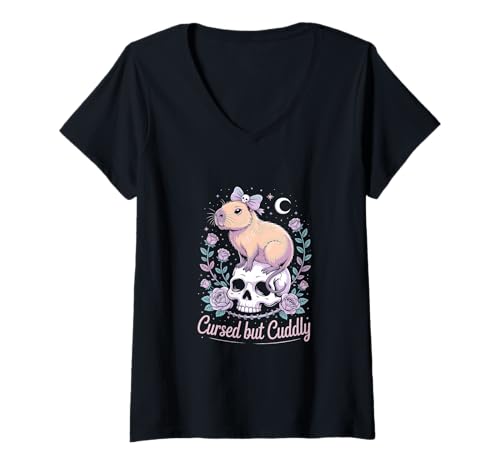 Damen Capybara Gothic Schädel Pastell Schleife & Rosen T-Shirt mit V-Ausschnitt von Capybara Floral horror dark aesthetic.
