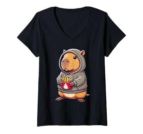 Damen Lustige Capybara Pommes Frites Cool Hip Hop Männer Frauen Kinder T-Shirt mit V-Ausschnitt von Capybara French Fries byAxisone
