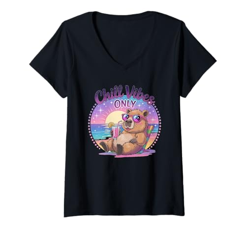 Damen Capybara Fun Chill Vibes Only Urlaub am Strand, lila T-Shirt mit V-Ausschnitt Damen Capybara Fun Chill Vibes Only Urlaub am Strand, lila T-Shirt mit V-Ausschnitt von Capybara Fun Chill Vibes Only Vacation Holiday