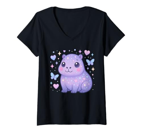 Damen Kawaii Capybara T-Shirt mit V-Ausschnitt Damen Kawaii Capybara T-Shirt mit V-Ausschnitt von Capybara Gifts For Capybara Lovers
