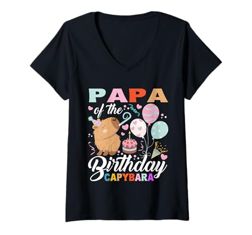 Damen Papa des Geburtstags Capybara Mädchen Geburtstag Party Familie Kinder T-Shirt mit V-Ausschnitt von Capybara Girl Boys Lovers Birthday Kid Family