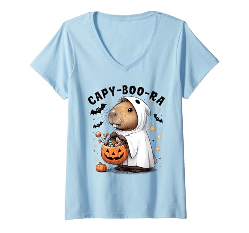 Damen Lustiges gruseliges Capybara Capy-Boo-ra Halloween-Kostüm T-Shirt mit V-Ausschnitt Damen Lustiges gruseliges Capybara Capy-Boo-ra Halloween-Kostüm T-Shirt mit V-Ausschnitt von Capybara Halloween Ghost Boo Costume Capy-Boo-ra