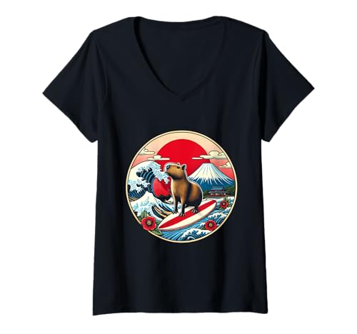 Damen Capybara Japanischer GreatWave Sunset Surf Animal Surfer T-Shirt mit V-Ausschnitt Damen Capybara Japanischer GreatWave Sunset Surf Animal Surfer T-Shirt mit V-Ausschnitt von Capybara Japanese GreatWave Sunset Surf Surfer