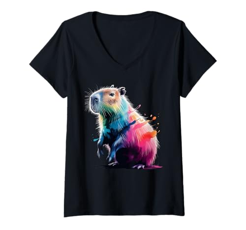 Damen Bunte Capybara Poster Stil Farbspritzer Kunst Grafik T-Shirt mit V-Ausschnitt Damen Bunte Capybara Poster Stil Farbspritzer Kunst Grafik T-Shirt mit V-Ausschnitt von Capybara Lover Apparel & Arts