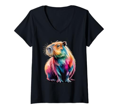 Damen Capybara Farbspritzer, Poster-Stil, bunt, Kunstgrafik T-Shirt mit V-Ausschnitt von Capybara Lover Apparel & Arts