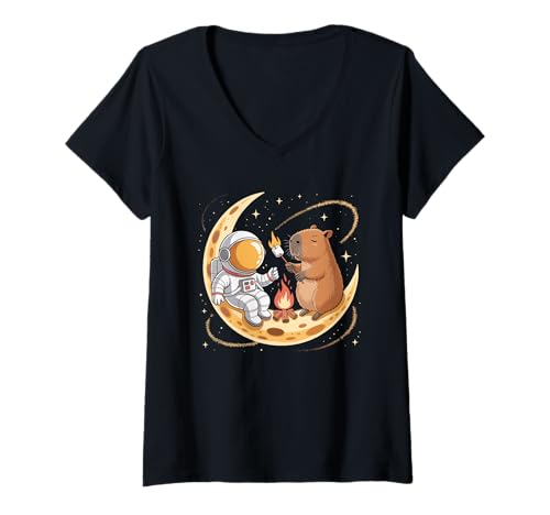 Damen Capybara Astronaut Lagerfeuer Camping Halbmond T-Shirt mit V-Ausschnitt Damen Capybara Astronaut Lagerfeuer Camping Halbmond T-Shirt mit V-Ausschnitt von Capybara Lover Gifts